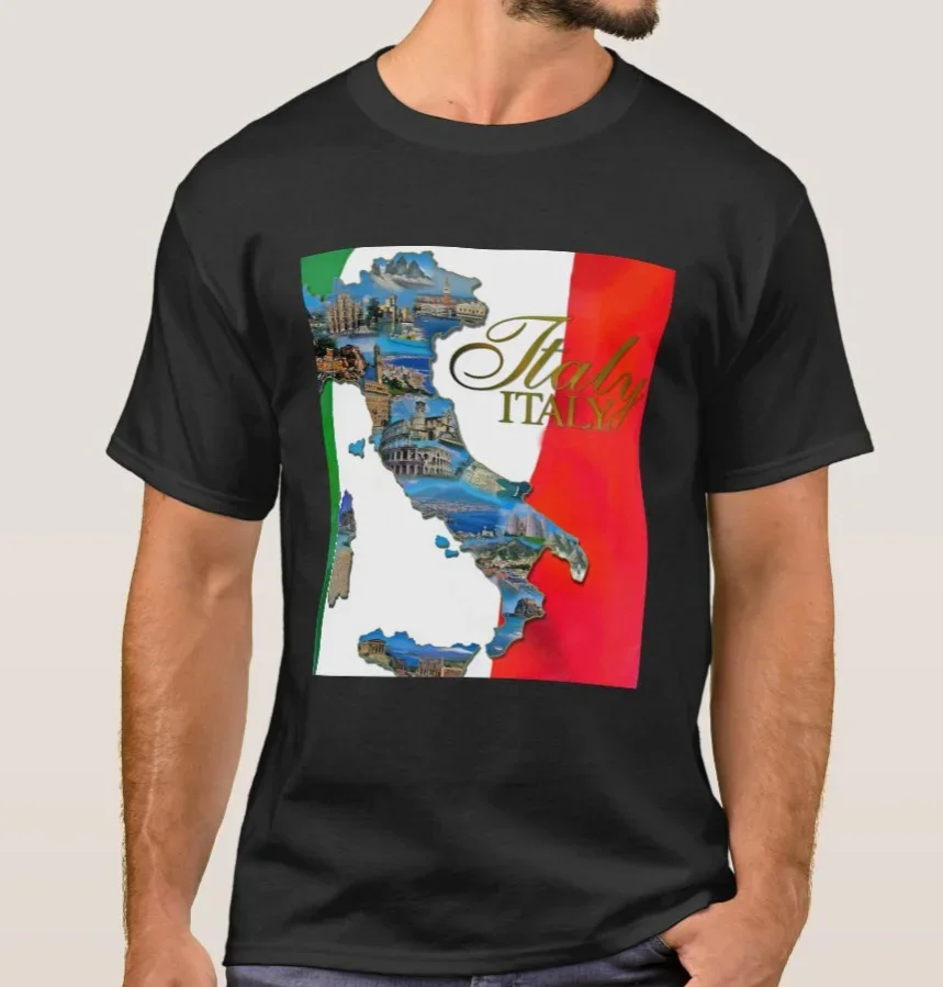 Summer Cotton Short Sleeve O-Neck Mens T Shirt New Italy Boot Map Small Postcard Images and Italian Flag Background T-Shirt.