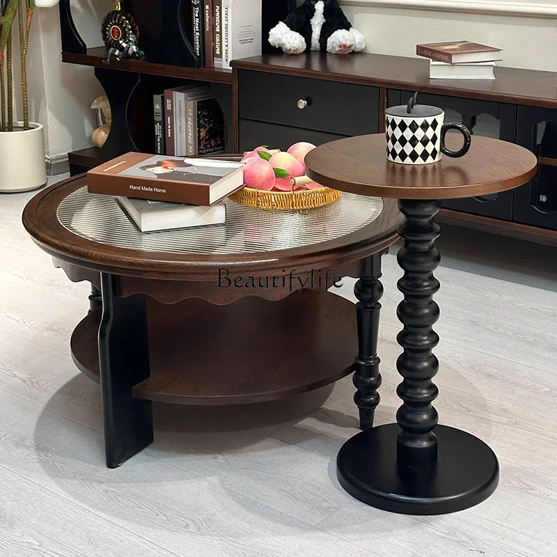 

yj5 French Retro Solid Wood Coffee Table Living Room Set Simple Small Apartment Round Tea Table