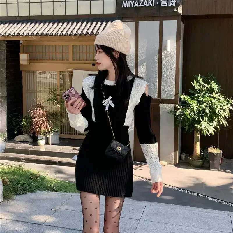 Crochet Dresses for Women Vintage Bodycon Black Woman Knitted Dress Cheap Casual Youth Full Sleeve Y2k On Sales Xxl Elegant Chic