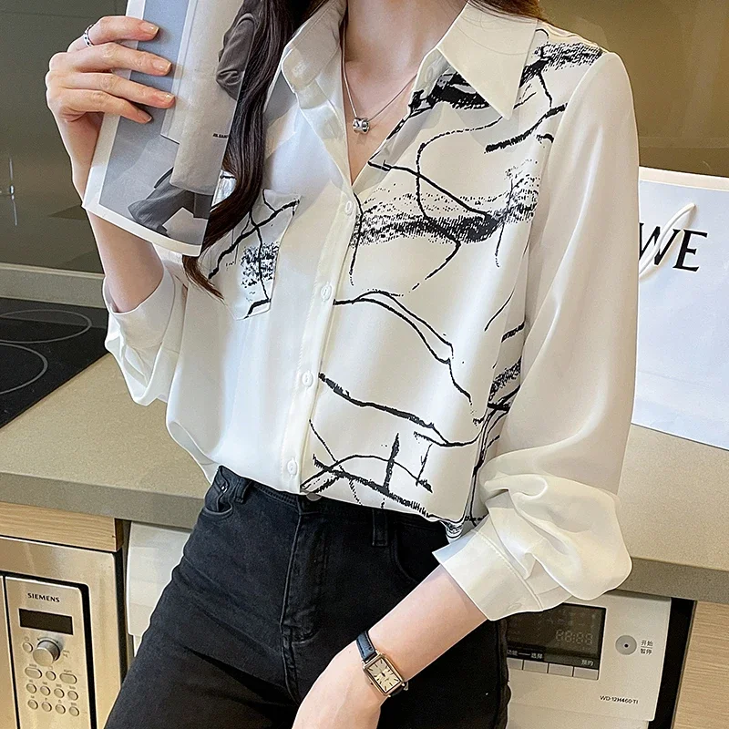 

Women Spring Simplicity Loose Temperament Geometric Turn-down Collar Long Sleeve Shirts Women Clothes Casual All-match Thin Tops