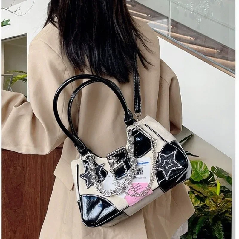 Bolso de mano de cuero blanco y negro para mujer, estilo Y2k coreano, tendencia gótica, estrella, nuevo diseñador, bolsos de mano, bolsos estéticos para niñas