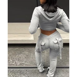 Fashion Women Long Sleeve Hoodied Crop Top & Pocket Design Skinny Pants Set Elegant Two-Piece Casual Suit Autumn Outfits