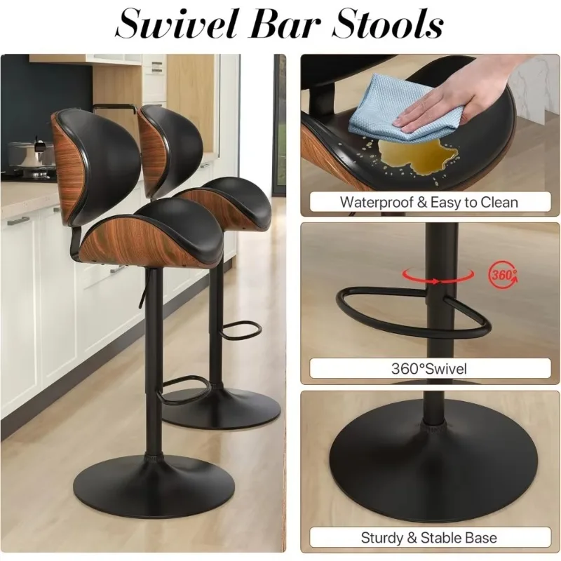 

Bar Stools Set of 2, Swivel Adjustable Height Barstools, PU Leather Upholstered Bar Chairs with Footrest, for Bar, Dining Room
