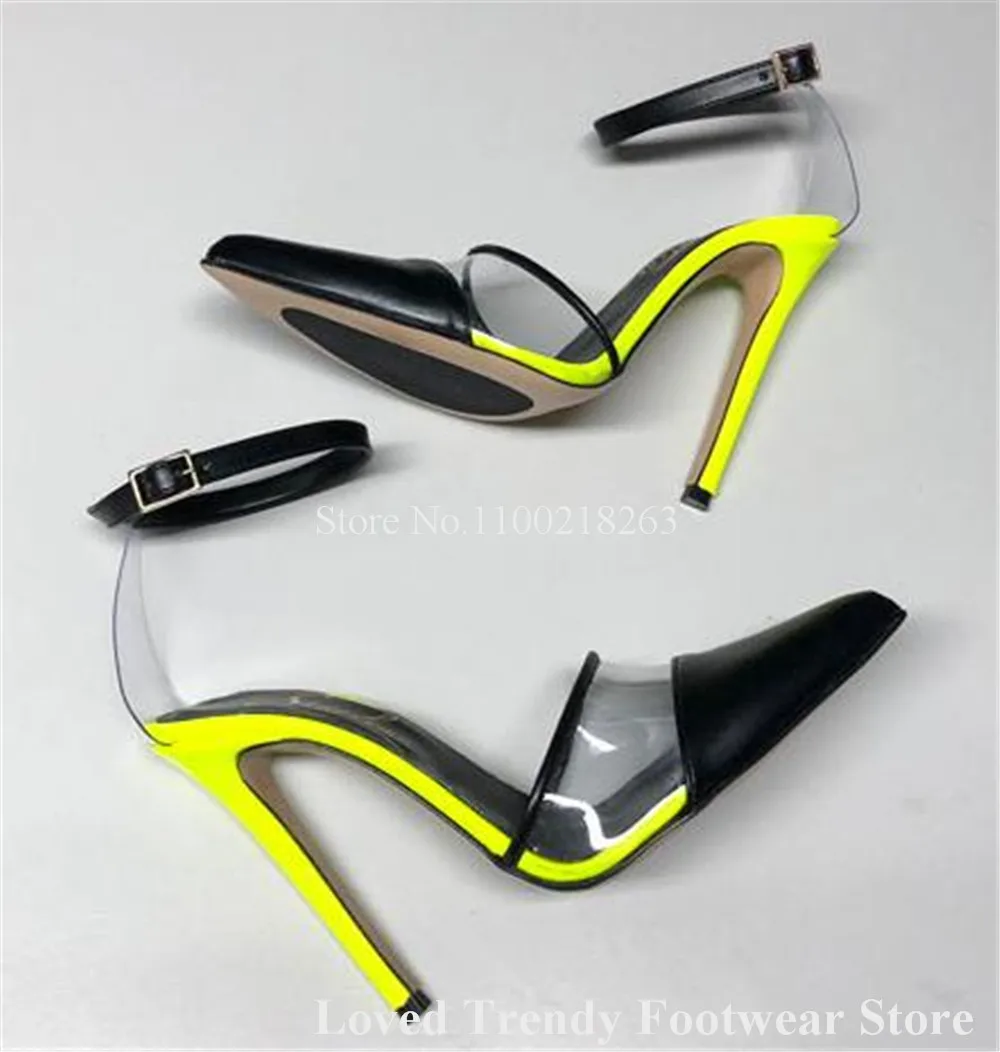 Sexy Clear PVC Patchwork Stiletto Heel Pumps Pointed Toe Transparent Black Silver Thin Heel Ankle Straps High Heels Big Size