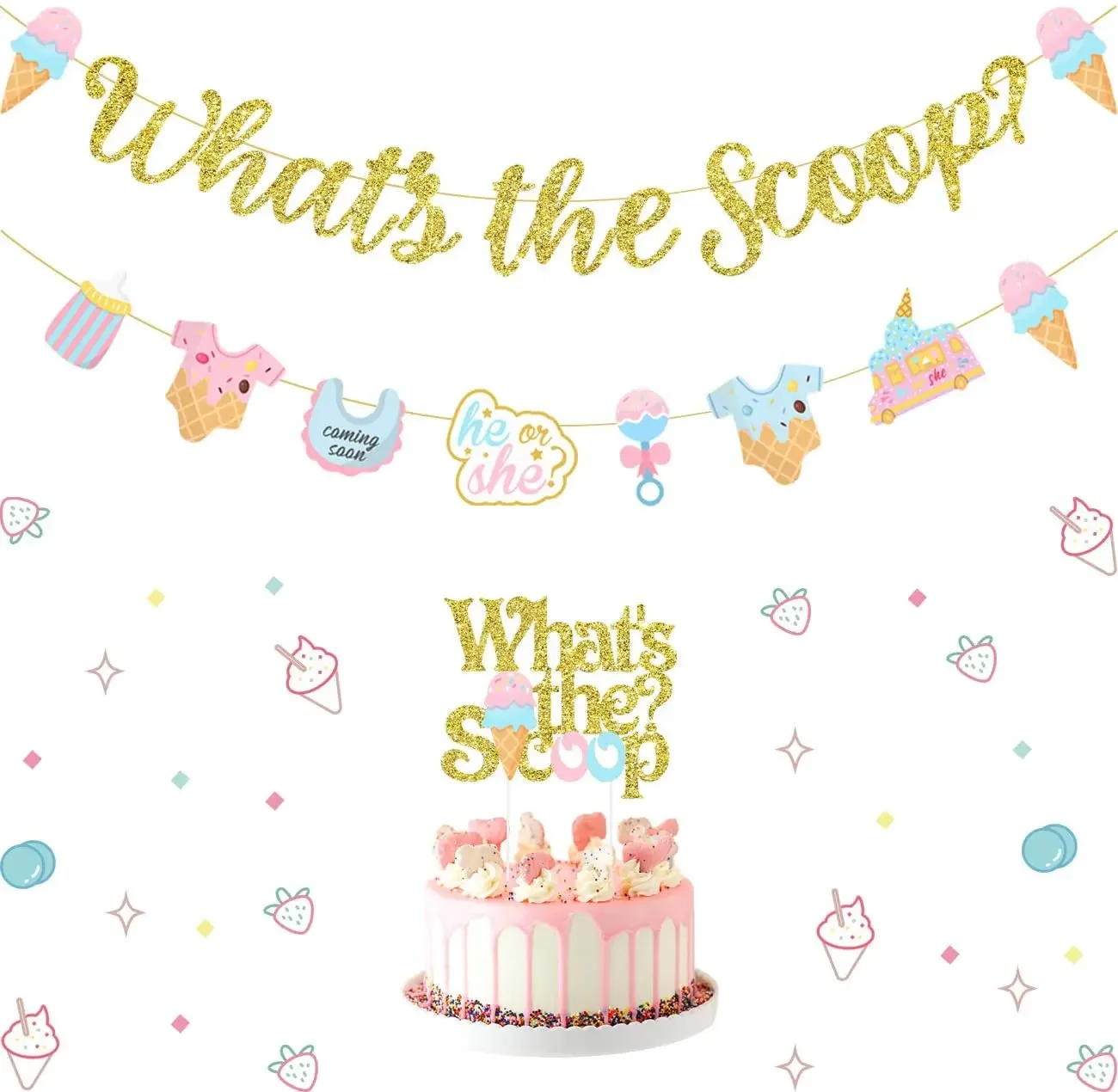 

Ice Cream Gender Reveal Party Decorations What’s the Scoop Banner Cake Topper for Pregnancy Announcement Celebration