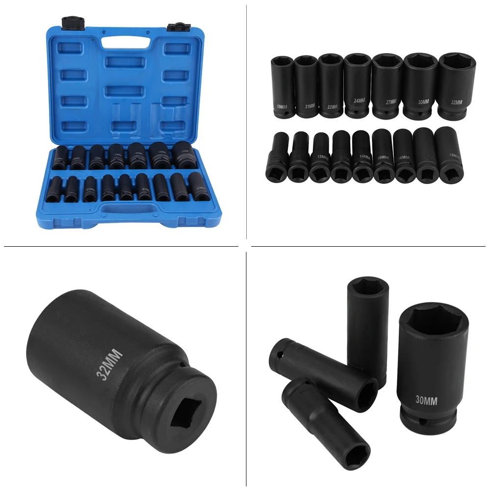 16 stks 1/2 Hex Bit Socket Air Hex Bit Socket Hex Bit Socket 1/2 "Inch Drive Air Hex Bit Socket Set Reparatie Tool Kit 10 MM-32 MM