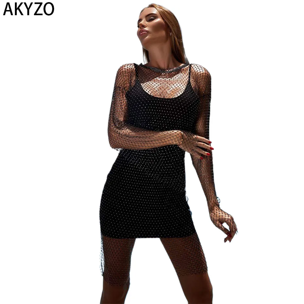 

AKYZO Glamorous Sparkling Mesh Dress with Rhinestones Seductive Crew Neck & Long Sleeves Slim Fit for Nightclub & Party Fashiona