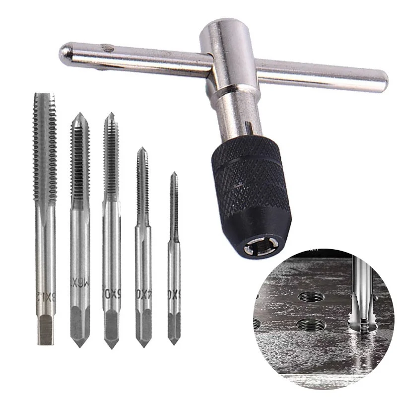 Portable 6/9pcs T-type Tap Wrench Set Drill Set Hand Tapping Tools Machine Screw Thread Tap Twist Bit M3/M4/M5/M6/M8 DIY Tool