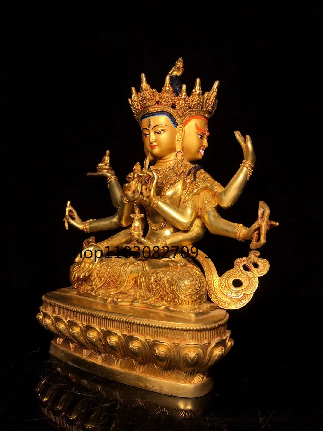 Tibetan brass gilt three sides and eight arms Zunsheng Buddha Guanyin Bodhisattva Tara ornament Home Buddha Hall ornament 30 cm