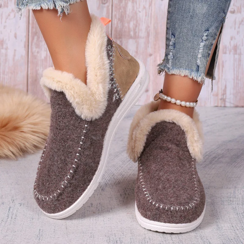 Women's Cozy Thermal-Lined Slip-On Flat Contrast Furry Trim Black Ankle Boots, Winter