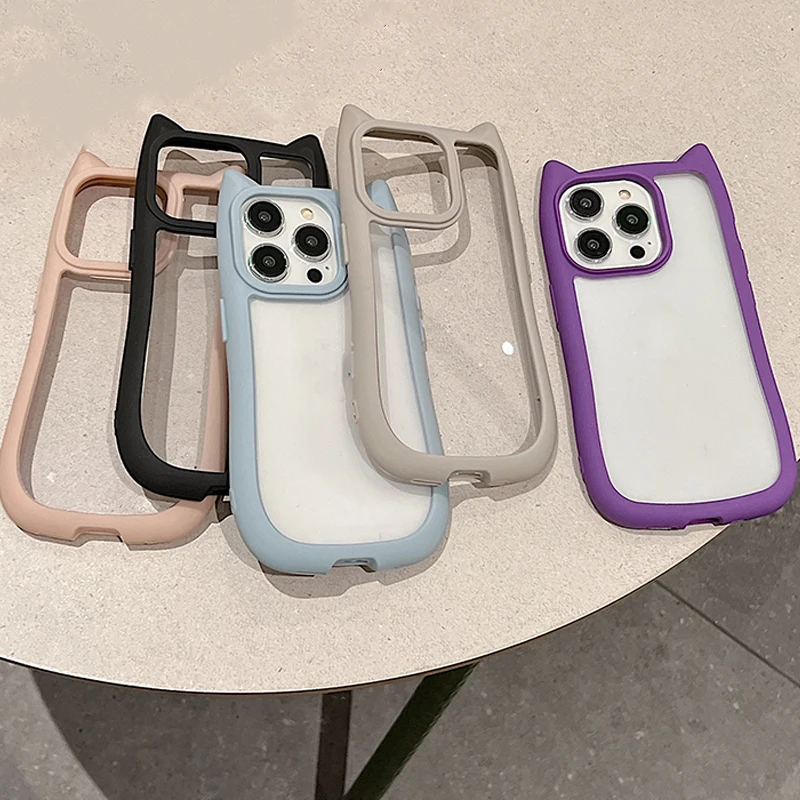 Cute 3D Cat Ear Transparent Phone Case For IPhone 17 16E 16 15 14 Plus 13 12 11 Pro Max Cartoon Lovely Shockproof Clear Cover