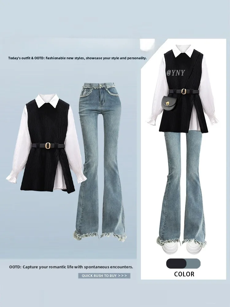 

Faionable Knitted Denim irt And Vest High Waist Slimming Jeans Tee Piece Set Women's Loose Sle Casual Autumn Wear