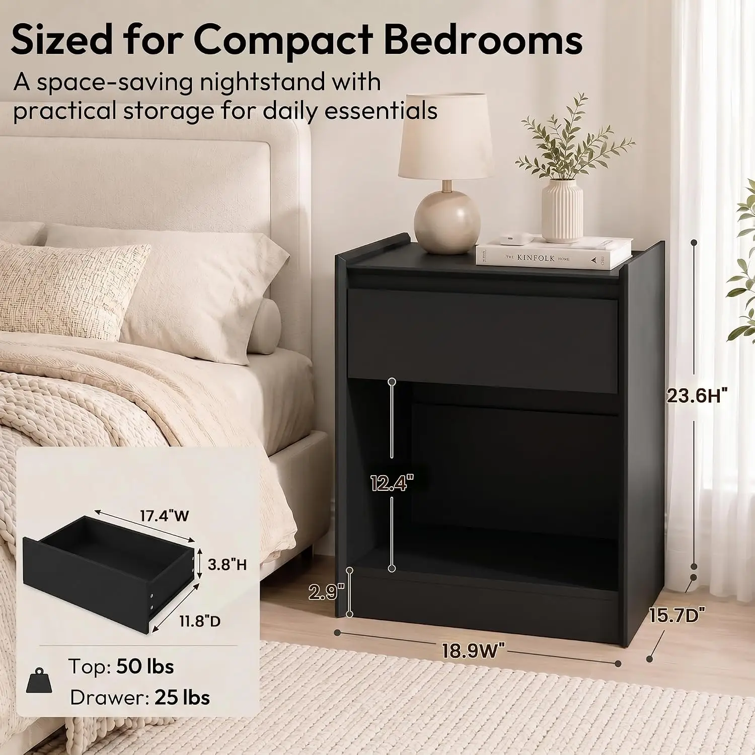 Black Nightside Table Set Of 2 With Drawer & Shelf For Bedroom, 24 Inch, Customized