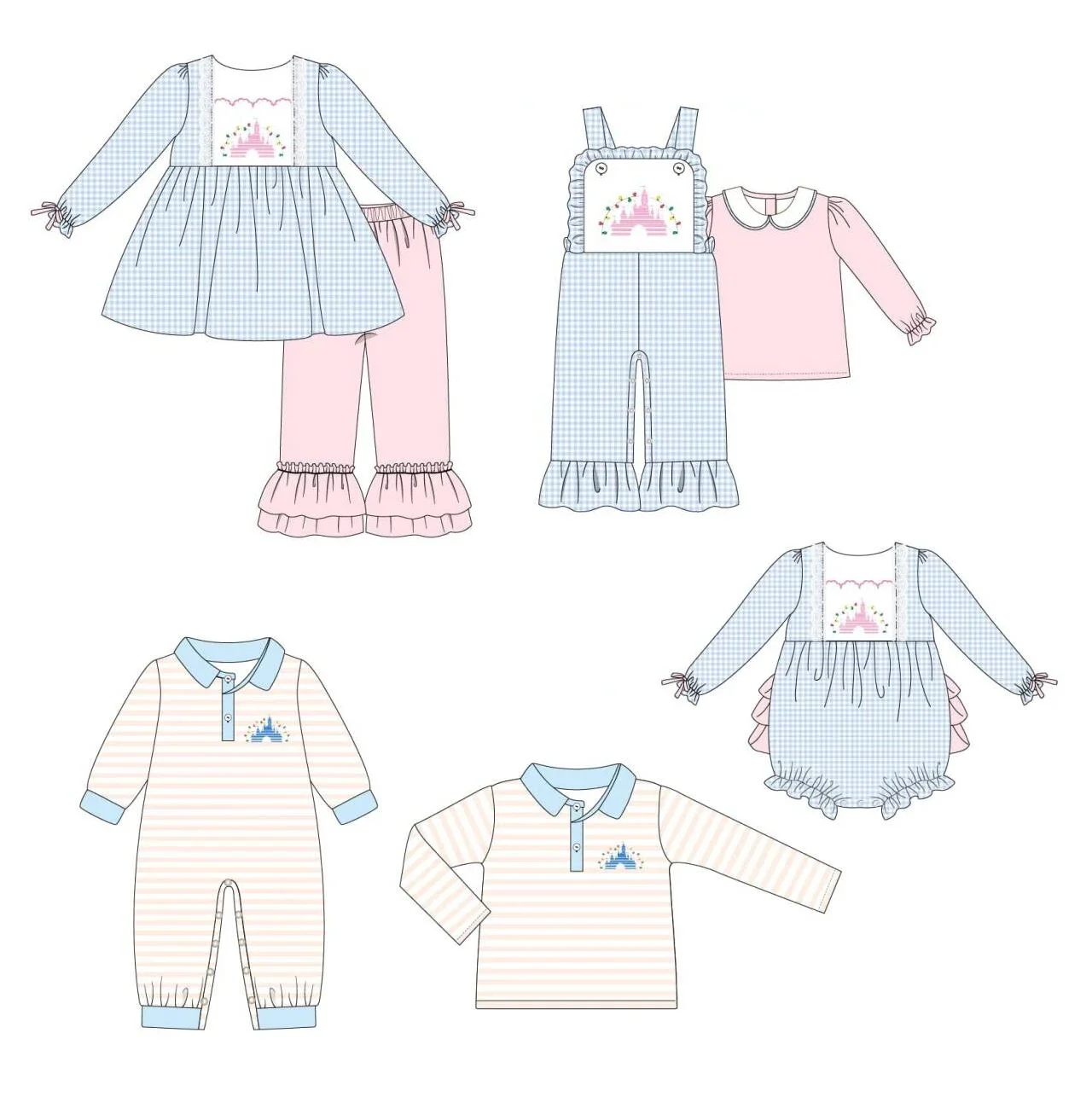 New high-quality children\'s set long-sleeved elastic bow castle print trousers lace girls set baby romper boy long-sleeved shirt