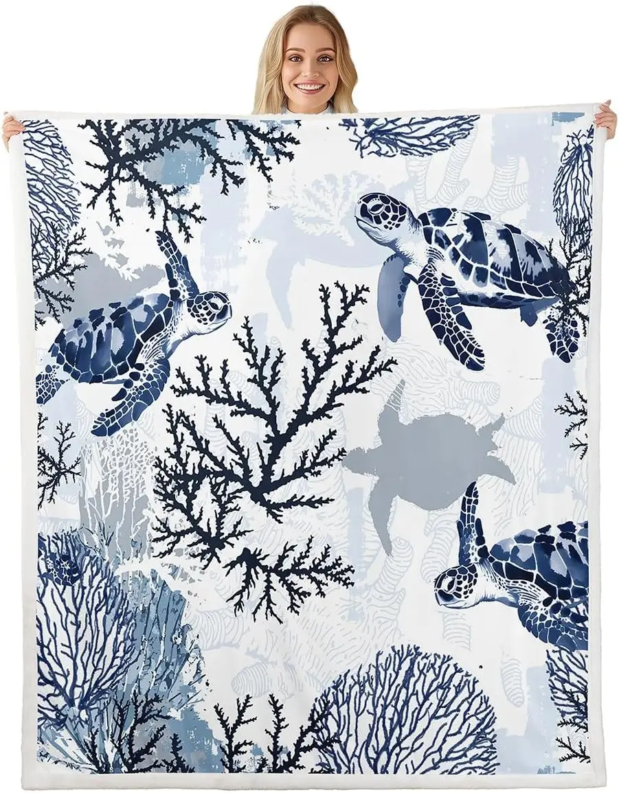 Sea turtle blanket ocean coral pattern marine life design soft throw beach decor coastal home textile nautical bedding