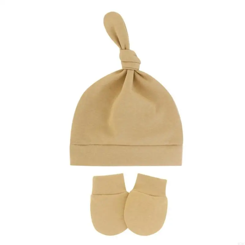 97BC 2 Pcs Tail Knot Turban Beanie Cap Soft Cotton Comfy Baby No Scratch Mittens
