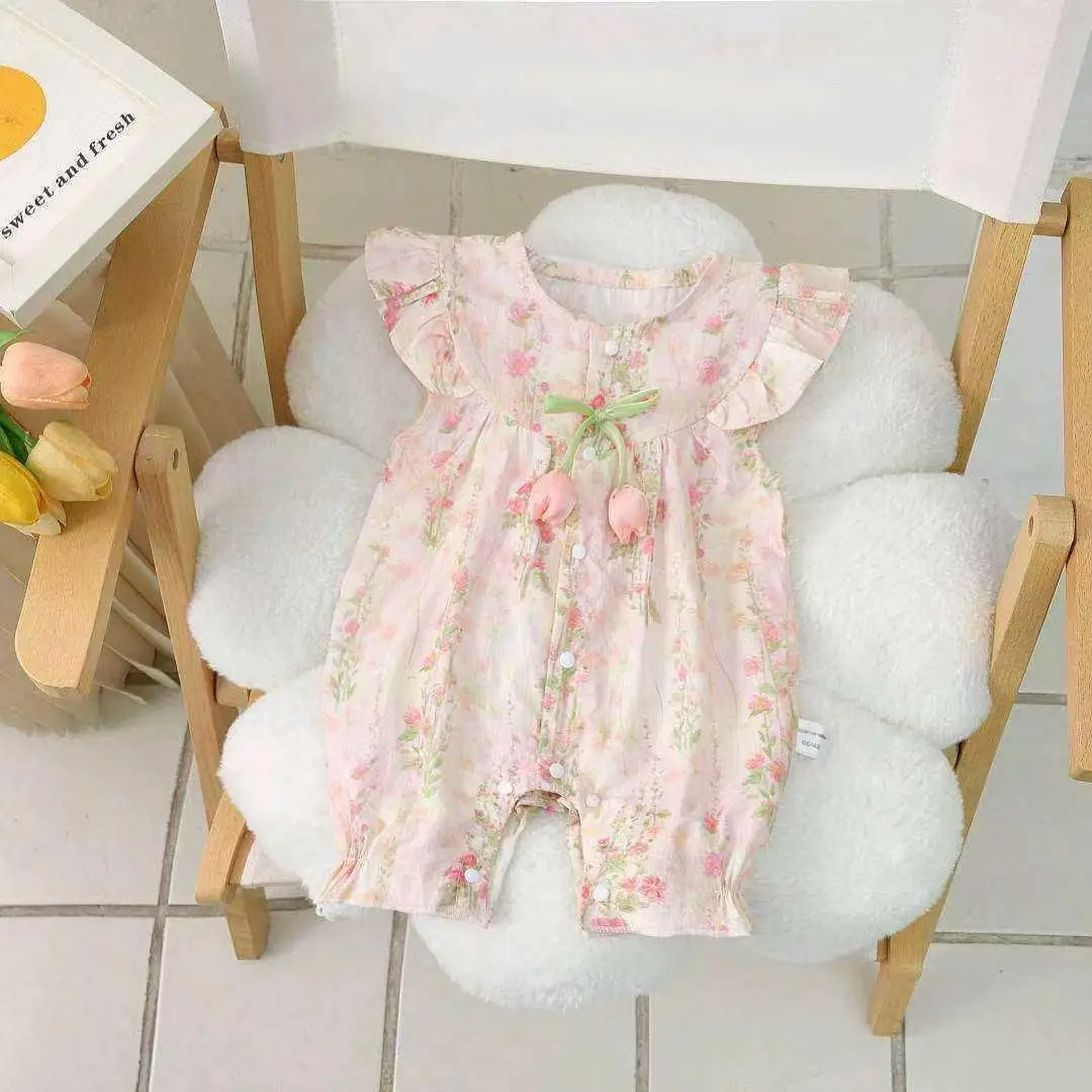 Summer New Sweet Baby Bodysuit Floral Ruffle Sleeveless Pink Girls Jumpsuit Thin Soft Toddler Romper