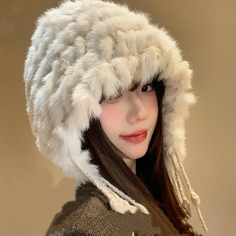 أفخم قبعة بالاكلافا فرو الأرنب الصناعي محبوك قبعة صغيرة شتاء دافئ الرباط بونيه في الهواء الطلق يندبروف إيرفلاب قبعة باردة