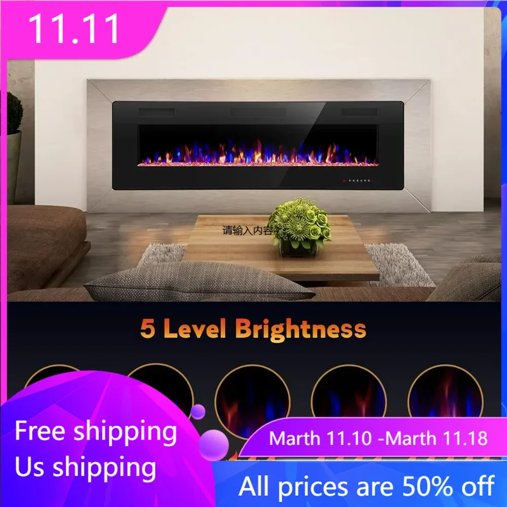 68 inch Recessed and Wall Mounted Electric Fireplace, Ultra Thin and Low Noise,Fit for 2 x 6 Stud, Remote Control with Timer,