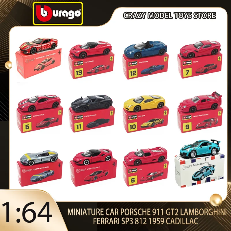 Bburago 1:64 Porsche 911 Gt2 Lamborghini Ferrari SP3 812 1959 Cadillac Miniature Alloy Diecast Car Model Collection Toy Gifts