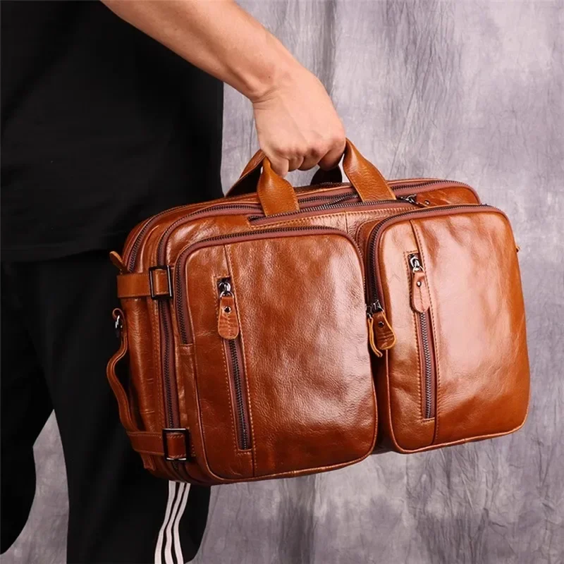 Retro leather backpack men's 14-inch computer bag first layer cowhide handbag single shoulder