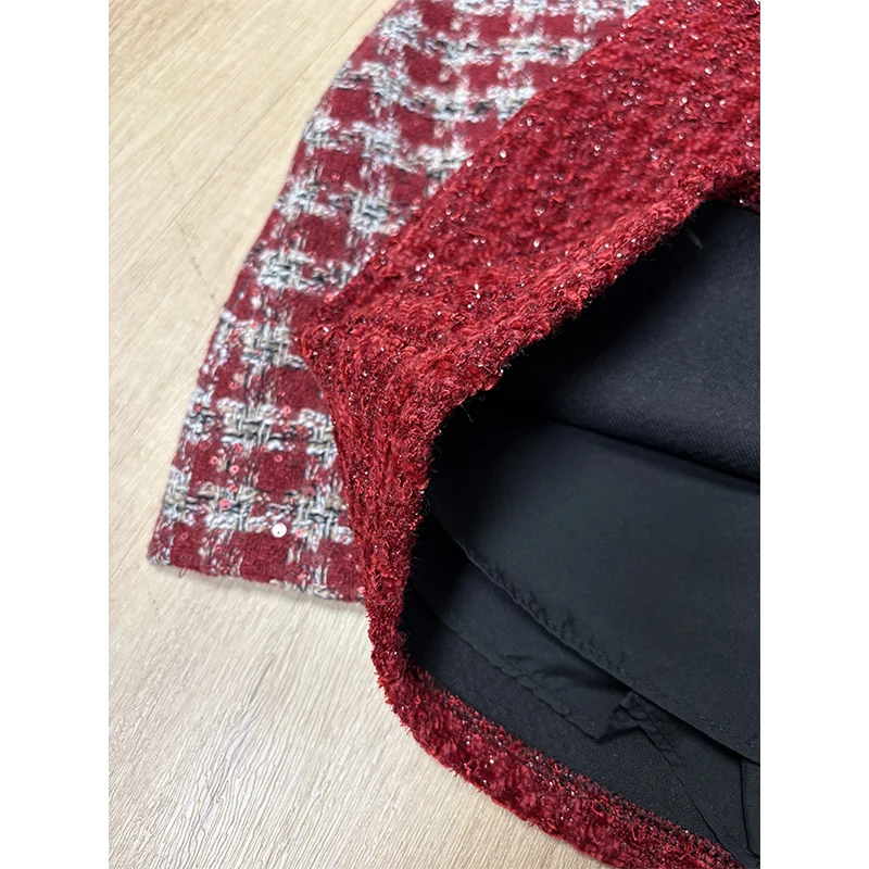 MEXZT Vintage Tweed Mini jupe femmes élégant rouge Plaid hanche portefeuille jupes hiver coréen taille haute mince conception une ligne Faldas nouveau