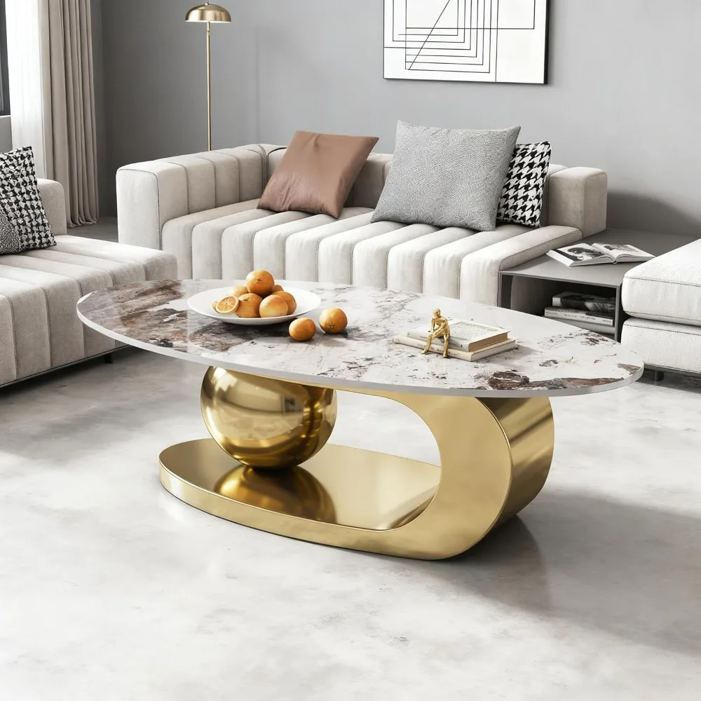 

51" Modern Oval Coffee Table,with Gold Stainless Steel Base,Modern Coffee Table for Living Room,Simple Center Table for Home