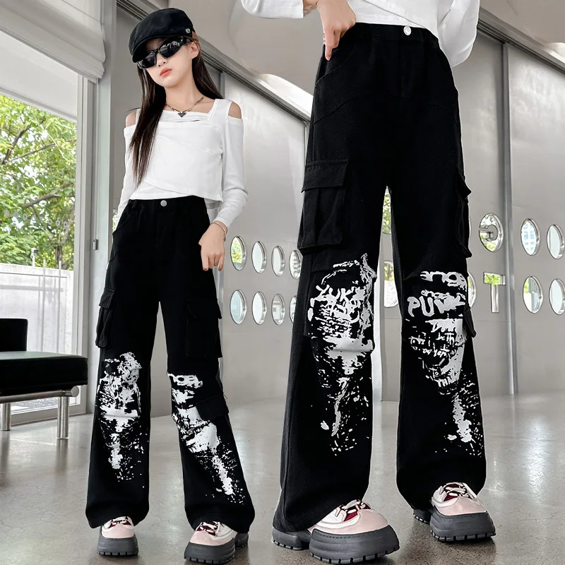 Autumn Girls' off shoulder long sleeved slim fit top+elastic waistband splashed ink graffiti wide leg work pants two-piece set