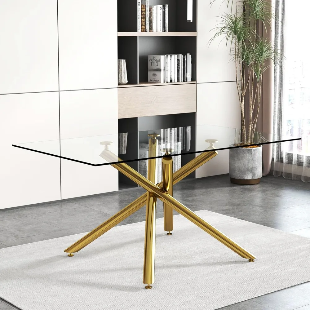 

71'' Glass Dining Table for 6-8,Contemporary Dinning Room Table,Tempered Glass Top Kitchen Tables with Gold Metal Base, for Offi