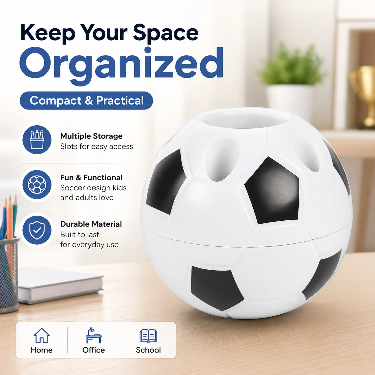 1pc Soccer Shaped Multi Slot Pen Holder Plastic Football Desk Stationery Organizer Cute Sports Pencil Storage Cup For School Office Home Desktop Decor