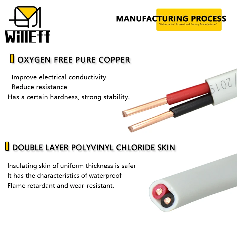 2Core Copper Wire Solid Hard PVC Flat Sheath Cable For Electrical appliance switch Power Start 220V 110V 380V 16 14 12 10 AWG