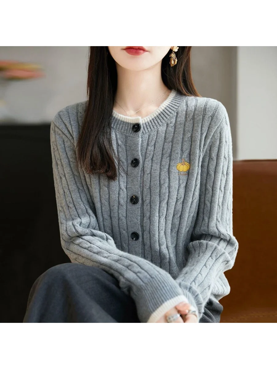 Color Block Knitted Pumpkin Embroidery Open Cardigan Sweater Autumn Winter Women's Fashion Outerwear Polyester Fiber