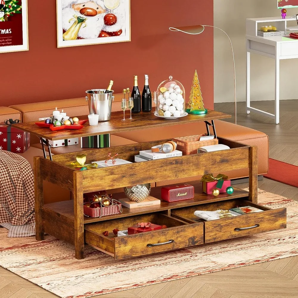 Table basse moderne élévatrice en bois avec compartiment de rangement GNE, grande table basse convertible, 2 étagères de proximité, 43.3 po