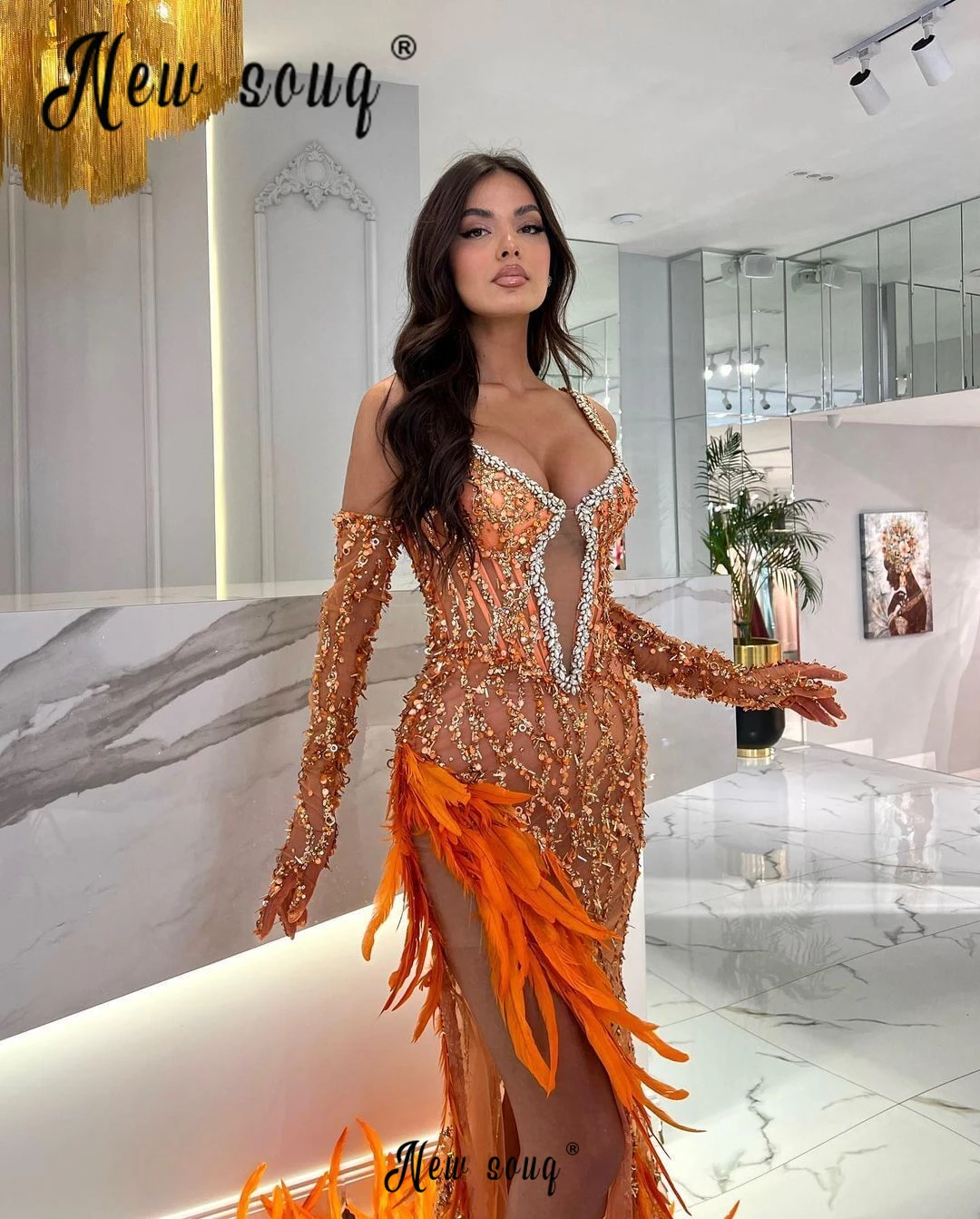 Robe de Soirée Formelle avec Plumes Orange, Bretelles Spaghetti, Fente Latérale Profonde, Poignées, Manches Amovibles, ixde Gala, Femme Africaine, Quelle que soit la 2024