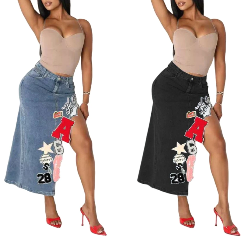 2026 Women Embroidery Denim Skirts High Slit Jean Skirt Ankle Lenth H Line Mid Waist Zipper Slim Elegant Casual Spring Summer