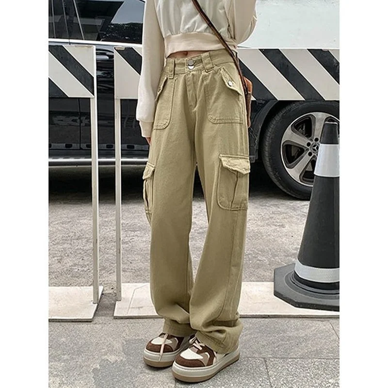 

Khaki Cargo Pants for Woman High Waist Plus Size Vintage Cargo Pants Female Loose Straight-Leg Wide-Leg Pants Baggy Jeans Women