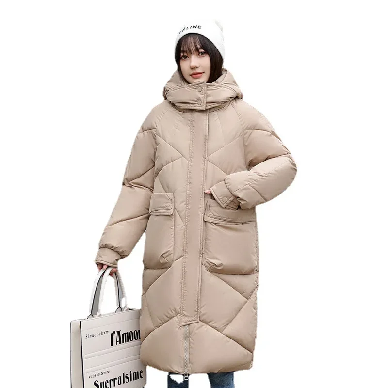 Women's Solid Color Big Pocket Hooded Jackets Casual Medium Long Parka Autumn Winter Rhombic Lattice Loose Coat