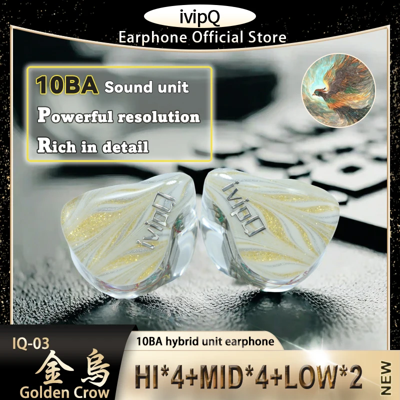 ivipQ Flagship HiFi In Ear Earphones 10BA Drivers IEMs Wired Headphone with Detachable 4.4mm 2pin Cable For Audiophile Musicians