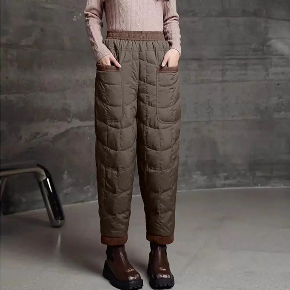 Women Harem Pants Elastic High Waist Lightweight Down Trousers With Large Pockets Thick Warm Thickened Fleece-Lined Quilt Pants