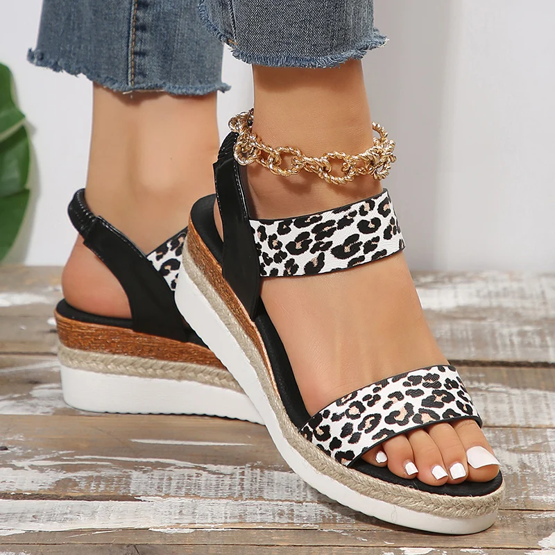 Leopard Print Wedge Heel Sandals Women Summer Light Non Slip Gladiator Sandalias Woman Plus Size Fashion Platform Sandles Mujer