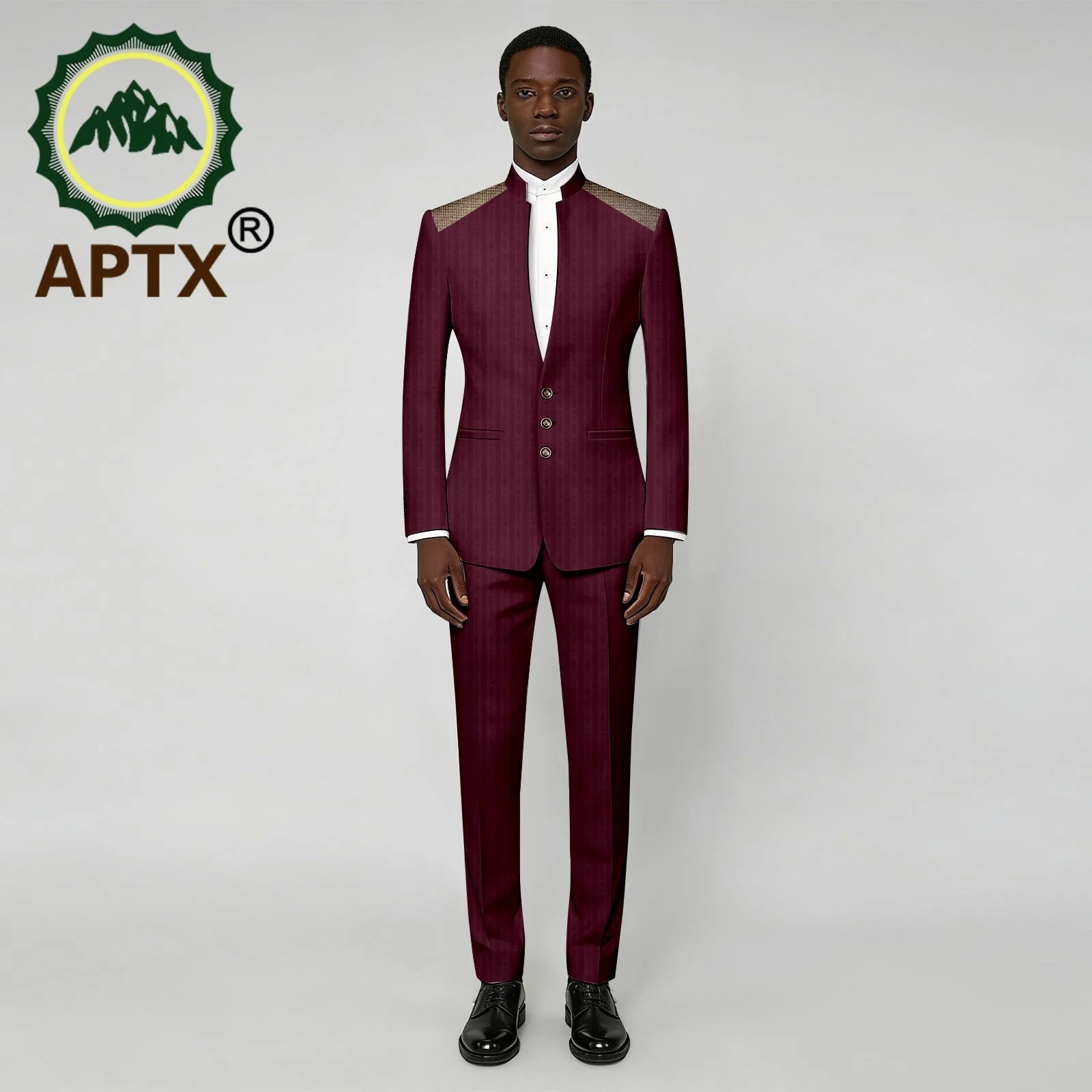 African Men Stand Collar Jacquard Suit 2 Pieces Shoulder Patch Slim Fit Blazer Pants Formal Wedding Party Tuxedo Set 2616053