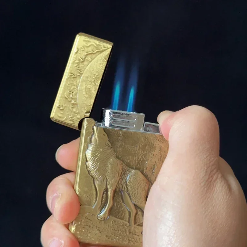 Vintage Collection Engraved Wolf Metal Lighter Butane Cigarette Accessories Windproof Refillable Gas Jet Lighter Gadget Men Gift