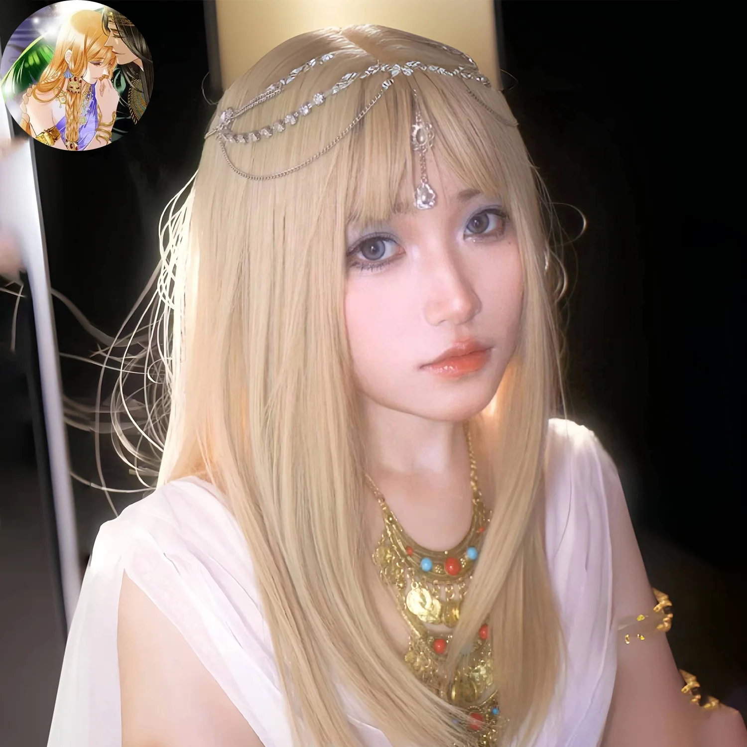 Peluca Cos de concubina del faraón "Aivees and the Song of the Sea", flequillo de aire largo y recto blanco lechoso