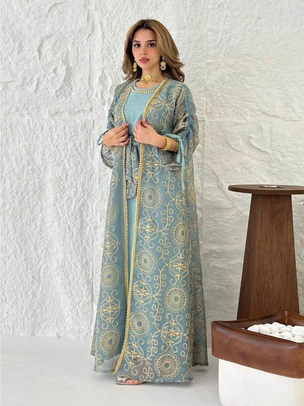 Eid Muslim Abayas for Women Party 2 Piece Set Embroidery Cardigan Robe Lace Up Dress Morocco Kaftan Islam Ramadan Dubai Vestidos