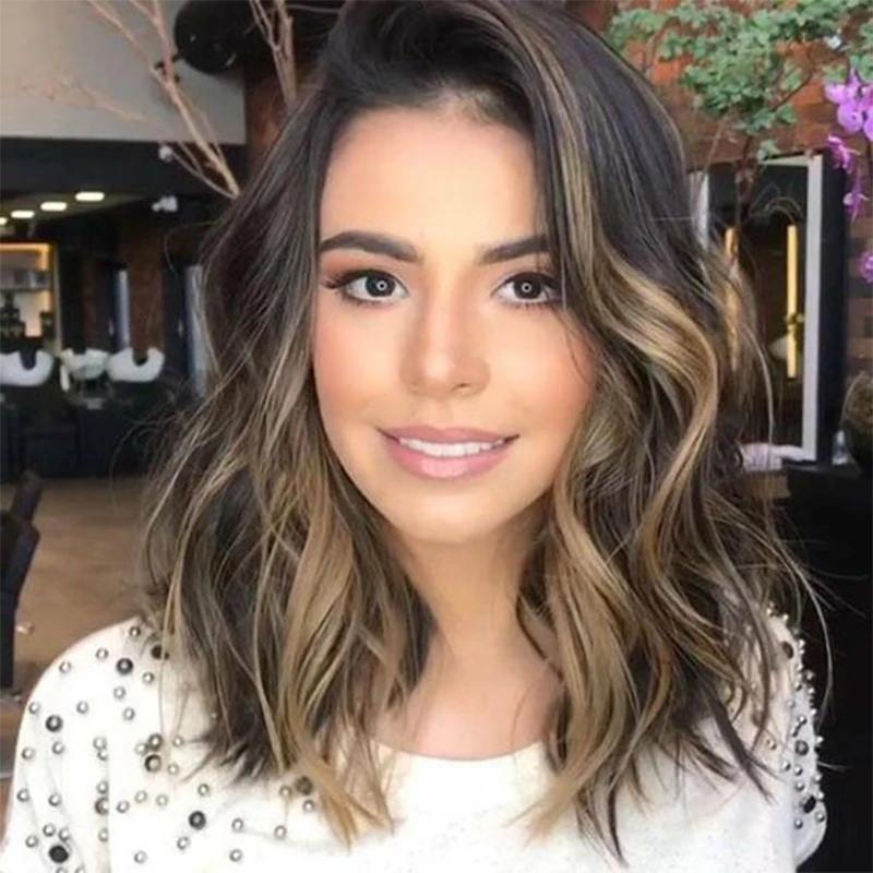 10 Inches Wavy Bob Wigs for Black Women Ombre Brown Blonde Highlights Short Curly Wavy Bob Wigs Shoulder Length Wig Pre Plucked