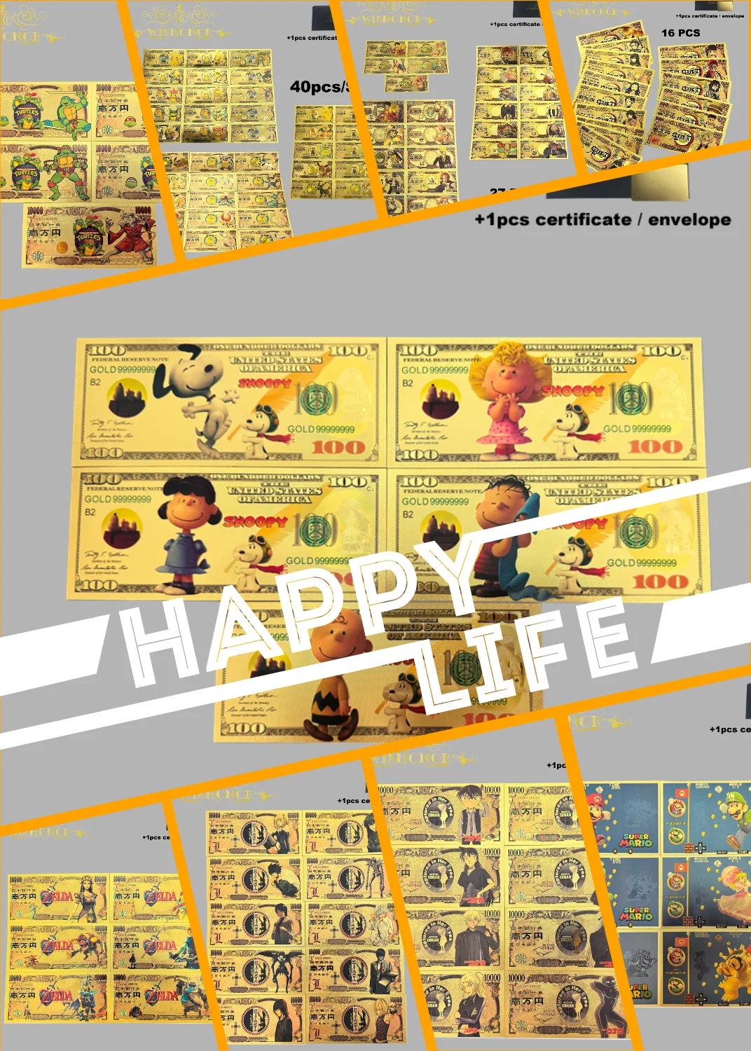 

Hot Sales Products All Styles Nice Anime Banknote Sets Anime Plastic Card in 24k Gold Plated For Collection
