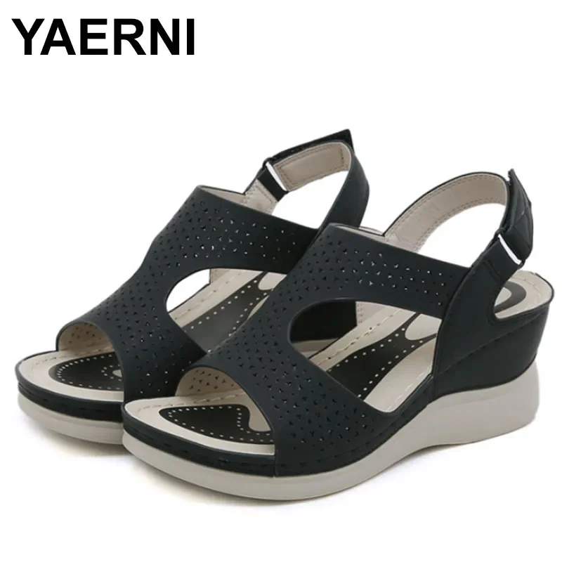 Summer Fashion Wedge Sandals Women Hollow Out  Buckle Leisure Cross-Tied Sewing Thread Beach Blue Waterproof Black