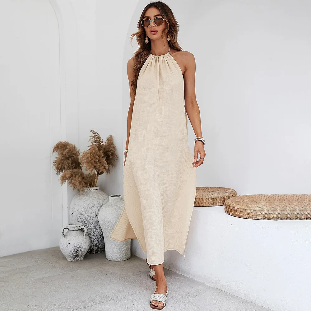 100% Cotton Gauze Womens Dresses Sexy Halter Sleeveless Backless Bandage Tie Up Holiday Boho Dress