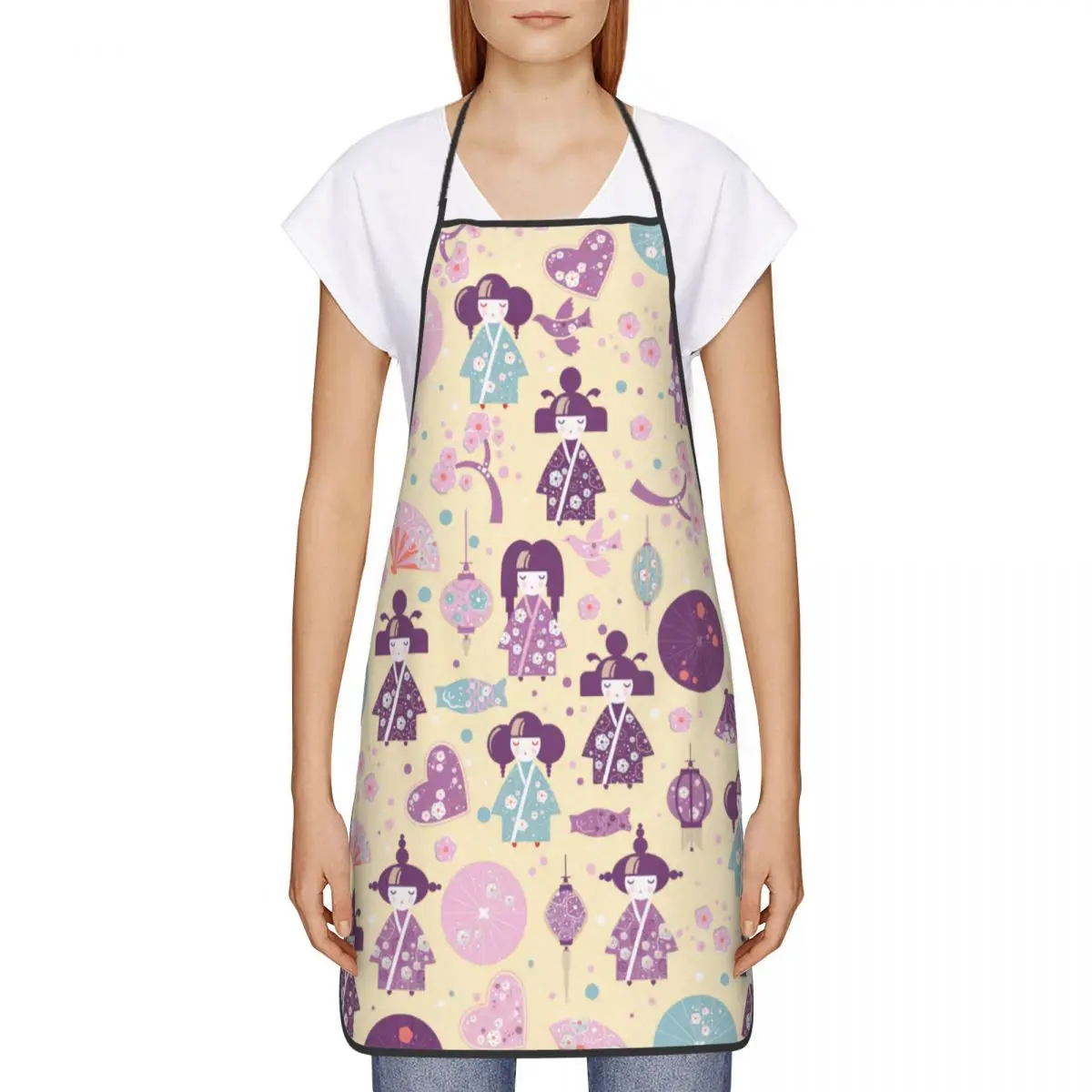 Custom Unisex Cute Kokeshi Dolls Kitchen Chef Cooking Baking Apron Men Women Japanese Girl Art Tablier Cuisine for Gardening