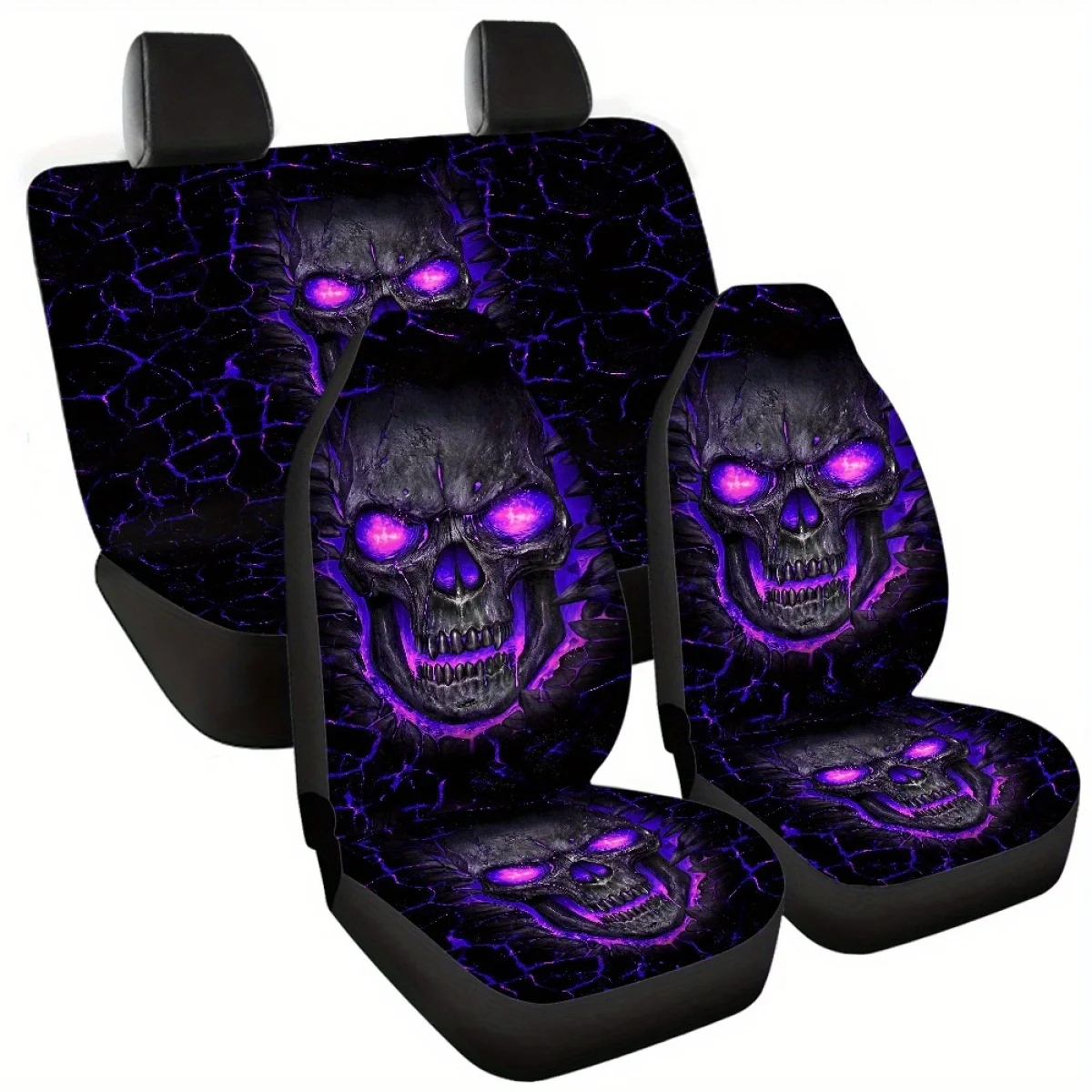 5seat Purple Skull Premium Printed Car Seat Covers, Polyester Fiber, Breathable, Durable, No Filler, Woven, Universal Fit, Easy